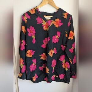 Saks Fifth Avenue Silk Floral Black Blouse with Pink and Orange Flowers